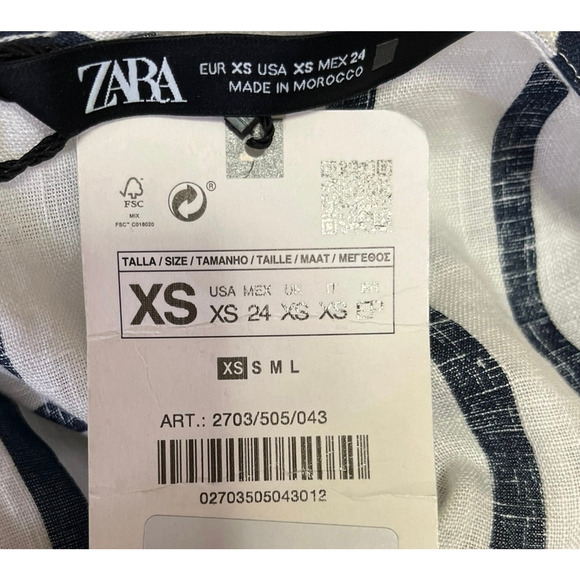 Zara NWT White Striped 100% Linen V-Neck Wrap Balloon Sleeve Blouse Crop Top XS - Picture 3 of 4